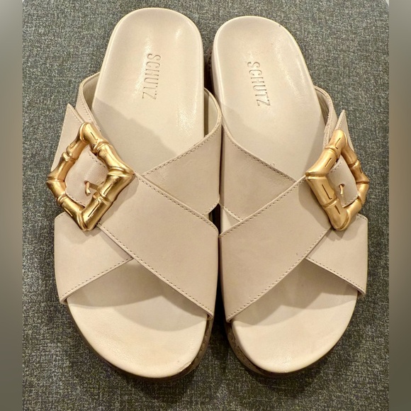 Schutz Enola Crisscross Buckle cream-gold Leather Sandals/size 8B - Picture 1 of 10